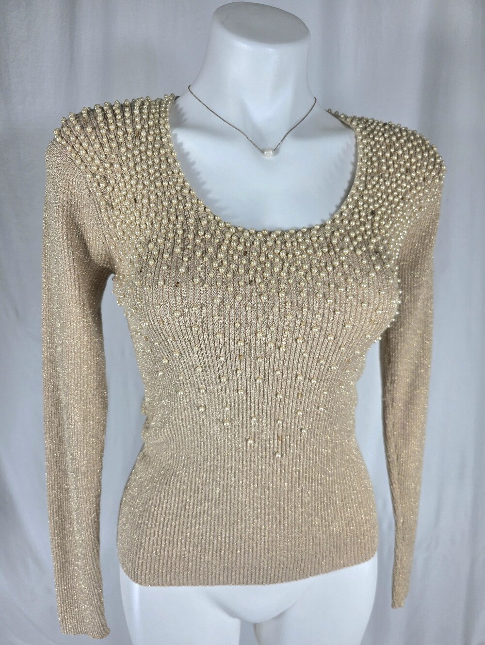 Vintage Cachet Gold Metallic Pearl Beaded Sweater Medium Glam Statement Top